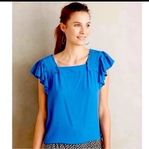 Gorgeous blue Anthropologie Maeve sz 12 summer flutter sleeve blouse dry cleaned